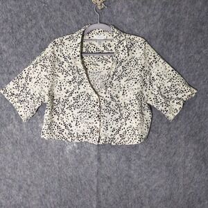 KIRIOU Shirt XL Linen Cream Black Leopard Collared Gold Button Cropped Glam Edgy